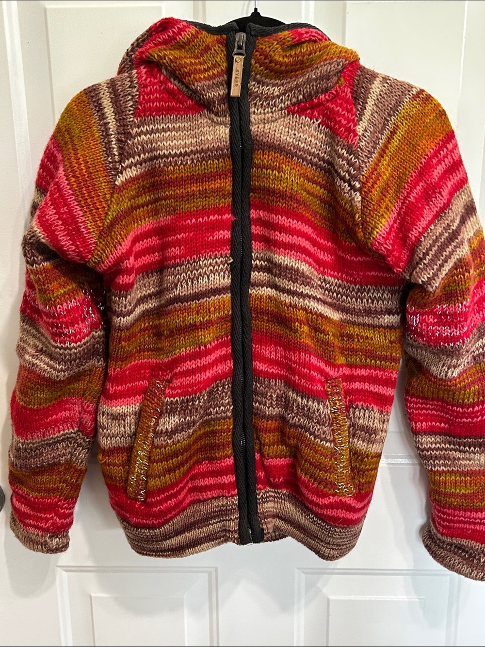 Striped Wool Knit Hooded Sweater Jacket in Red, Brown & Olive Size Small